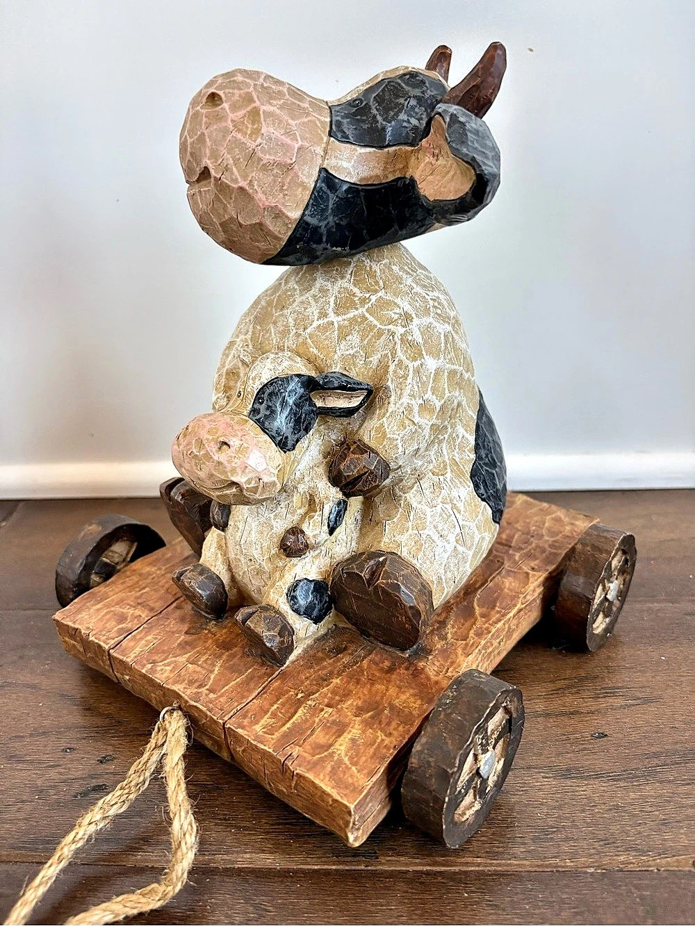 Vintage Bobble Head Black Bull Cow Baby Calf Pull Cart Farmhouse Decor Figurine